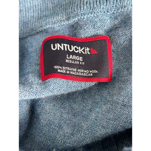Untuckit Sweater Men's L Blue 1/4 Zip Belguardo w Suede Extrafine Merino Wool - Picture 5 of 12